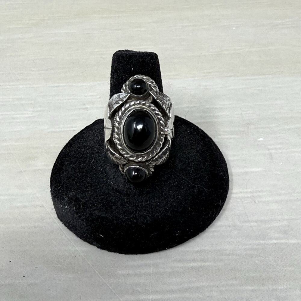 Taxco Mexico Sterling Silver 925 Poison Ring Adjustable Black Onyx Cabochon 12g